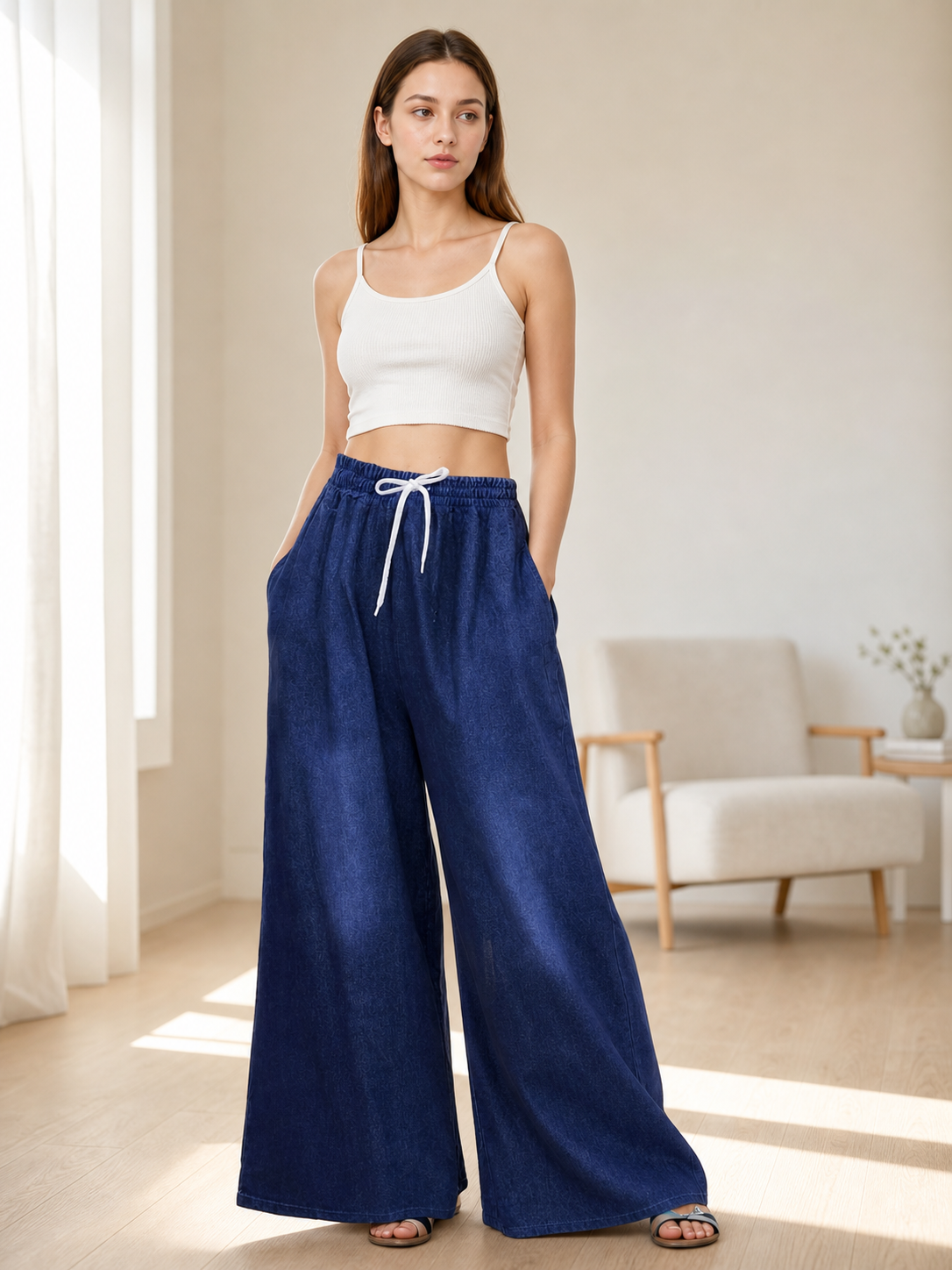 Dark Blue Palazzo Pants with an Elastic Waistband and White Drawstring lifestyle view