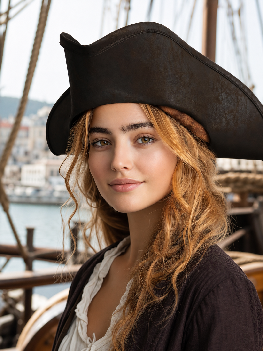 Women's Pirate Hat for Costume Parties, Cosplay and Themed Events, Tall Curved Crown, Wide Asymmetrical Brim, Dark Brown to Black Textured Design