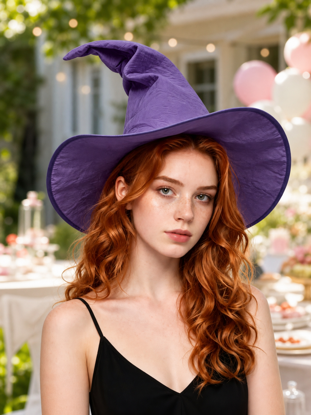 Purple pointed witch hat worn by a red-haired model in an outdoor party setting with balloons