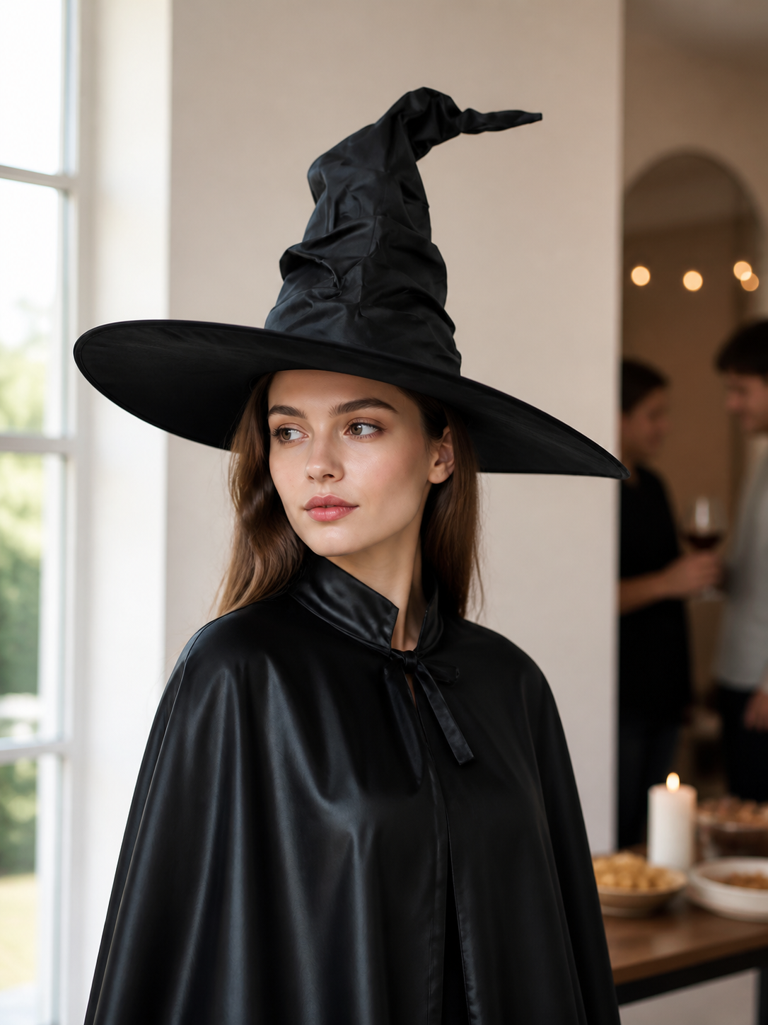 Black Halloween Witch Hat Wide Brim Pointed Wizard Hat Ruched Asymmetrical Brim lifestyle view 2