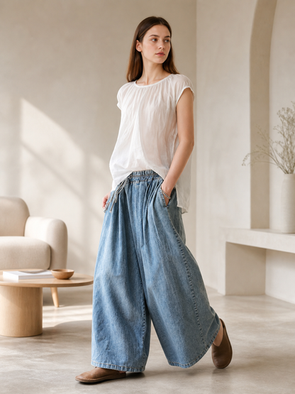 Light Blue Palazzo Pants with an Elastic Waist lifestyle view
