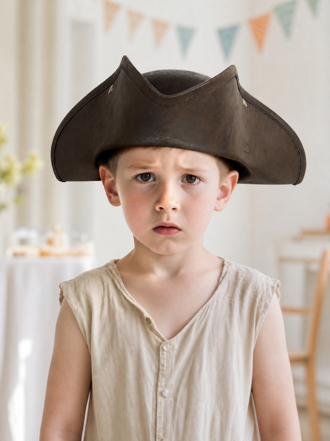 1pc Children's Dark Brown Tricorn Pirate Hat, Wide Curved Brim Costume Accessory for Pirate-Themed Dress-Up Parties and Role-Play