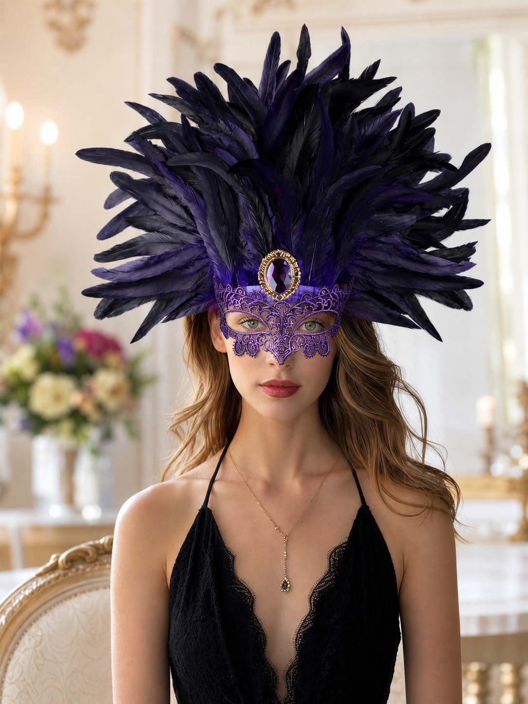 Carnival Feather Headpiece with Mask
