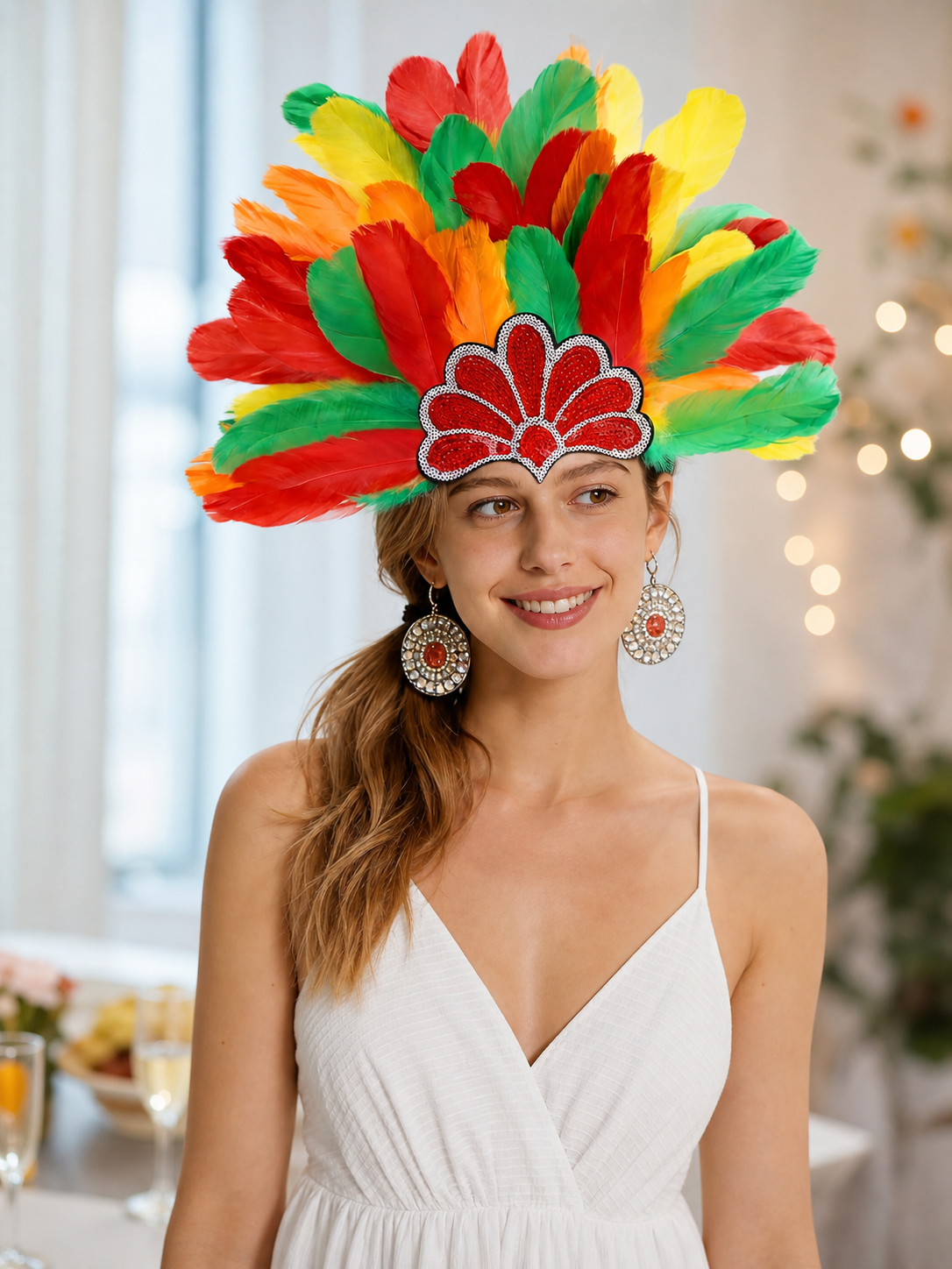 Carnival Headpiece with Multicolored Feathers lifestyle view 4