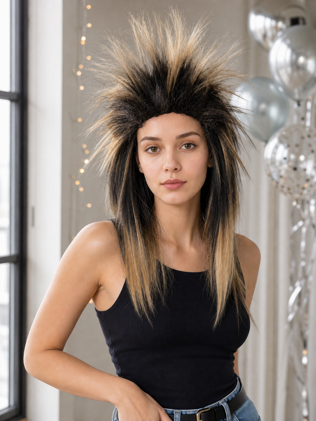 Black and blonde spiked mohawk wig product view 48