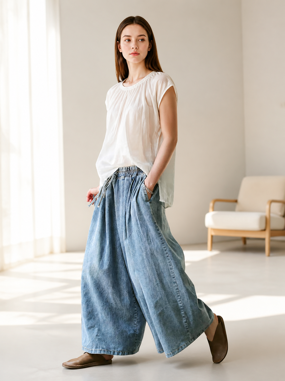 Light Blue Palazzo Pants with an Elastic Waist lifestyle view 2