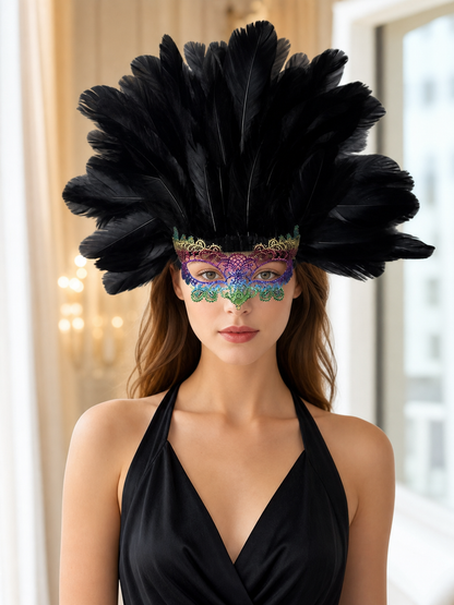 Carnival Feather Headpiece with Mask