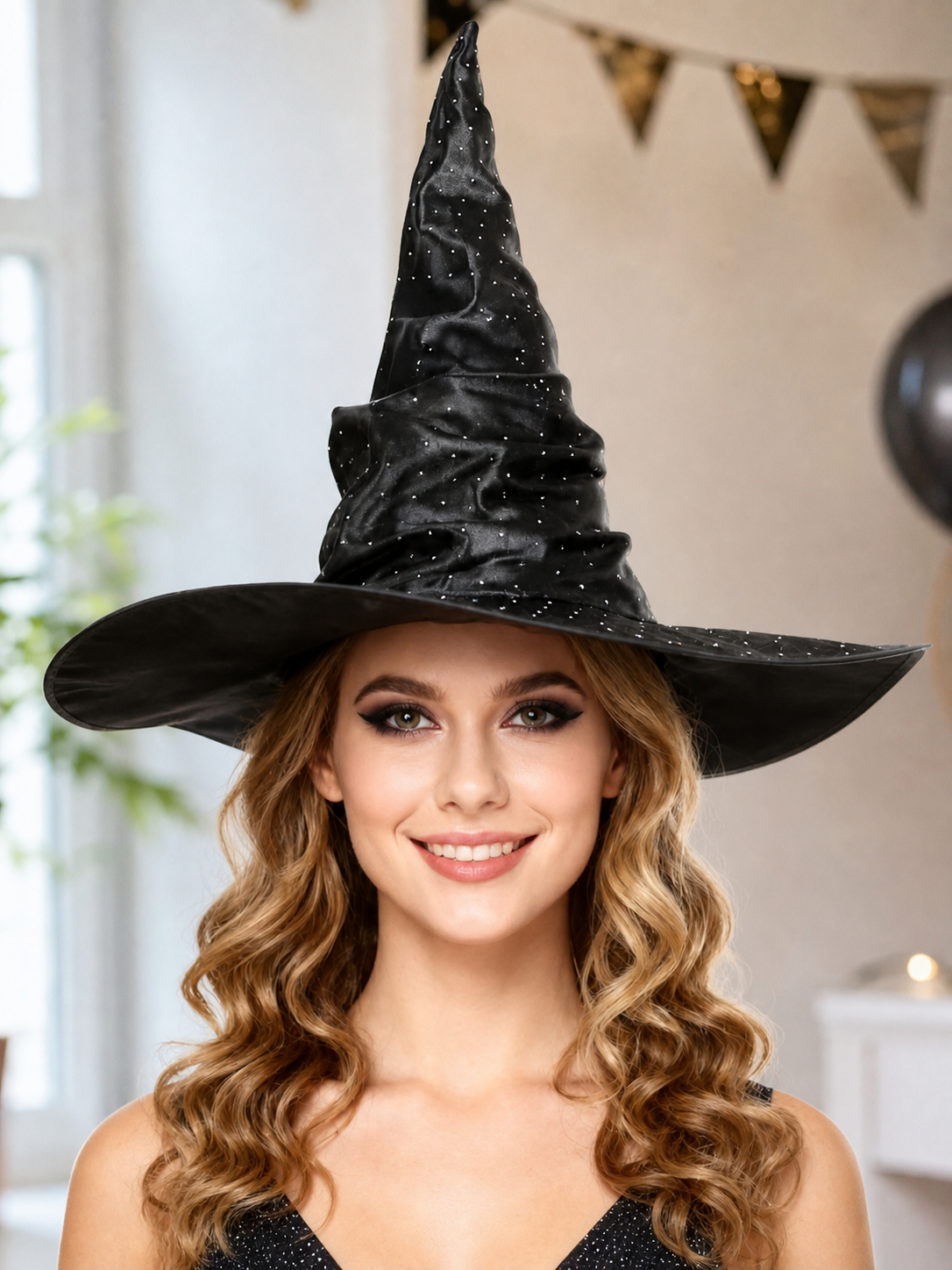 Black Halloween Witch Hat Pointed Wide Brim Ruched Crown With Silver-White Dot Embellishments Costume Accessory