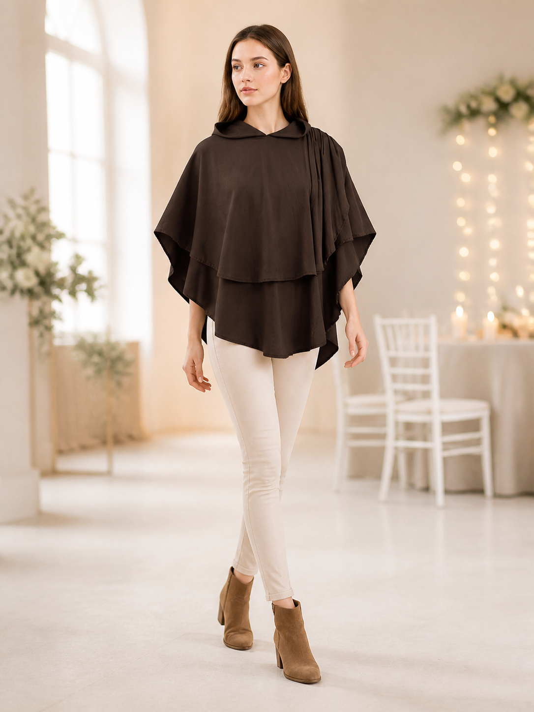 Women's Hooded Wanderer Cloak Costume with Layered Hem, Shoulder Draped Pleats lifestyle view 4
