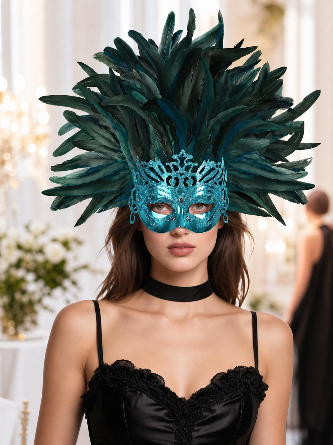 Carnival feathered headpiece with mask