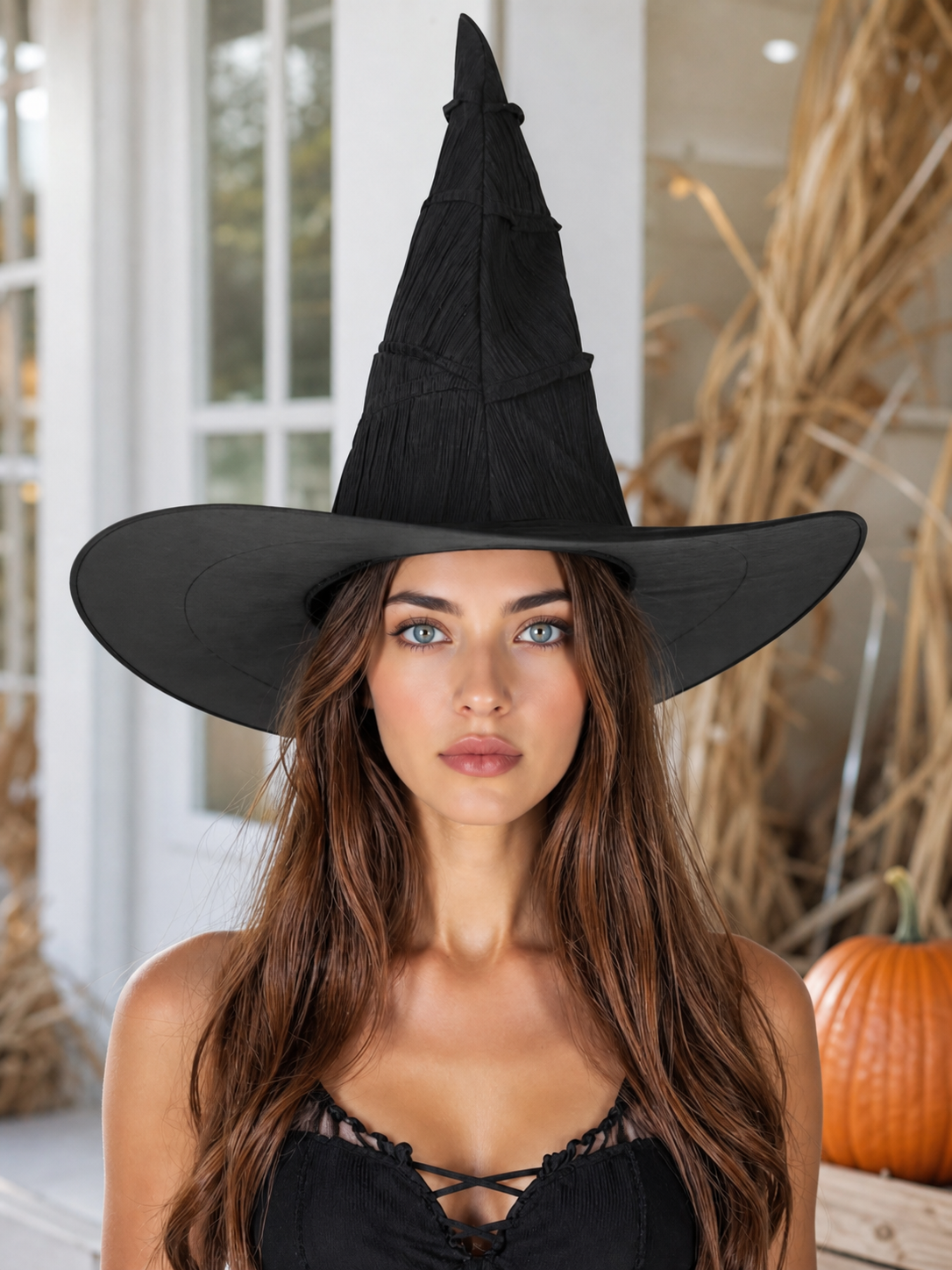 Matte Black Halloween Witch Hat Tall Pointed Crown Wide Curved Floppy Brim Ruched Costume Accessory for Cosplay Party Stage Dress Up