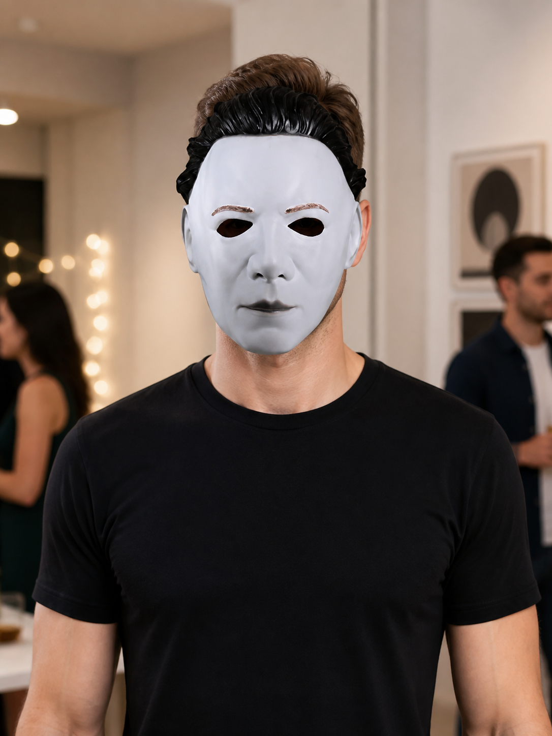 White face mask with black hair product view 25