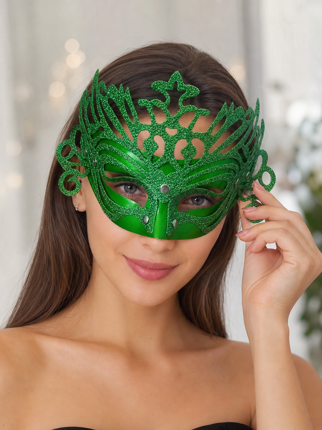Green Glitter Carnival Headdress Mask