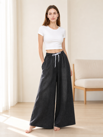 Solid Black Wide-Leg Pants with Elastic Waist and Contrast White Drawstrings lifestyle view 2