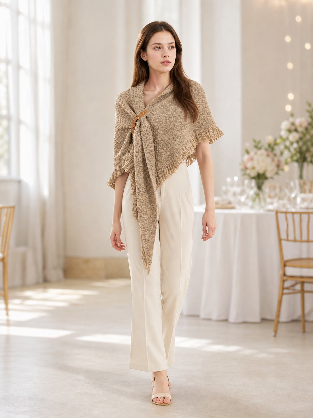 Beige fringed woven costume cape product view 40