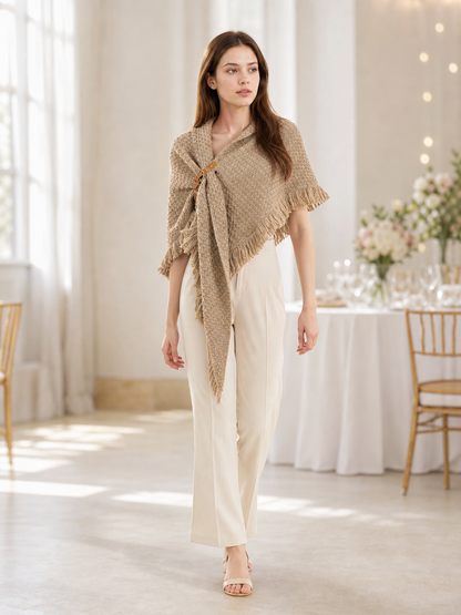 Beige fringed woven costume cape product view 40