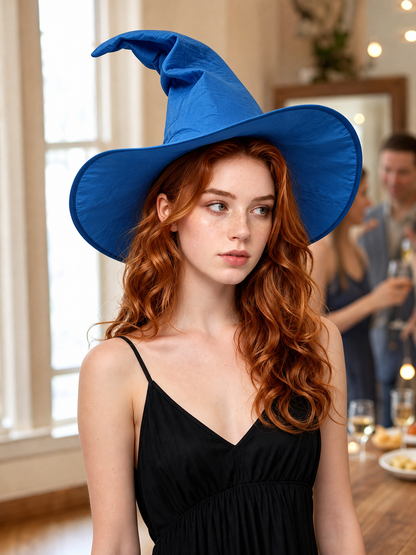 Blue Halloween Witch Hat, Wide Brim Curved Pointed Cap with Black Chin Strap lifestyle view 4