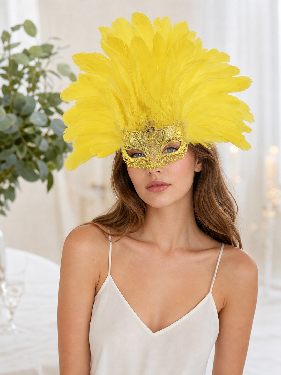Carnival Mask with Yellow Feathers and Glitter