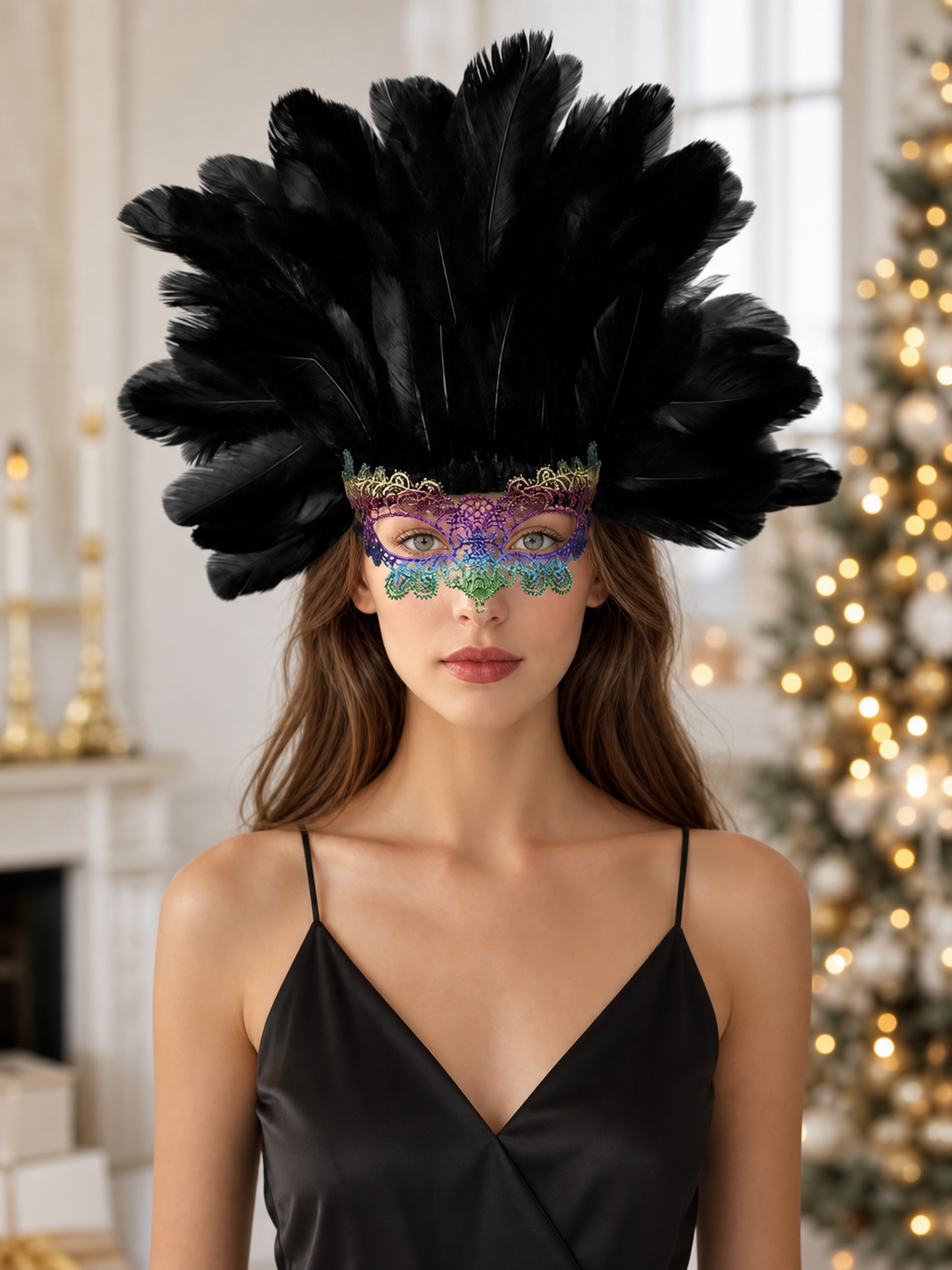 Carnival Feather Headpiece with Mask