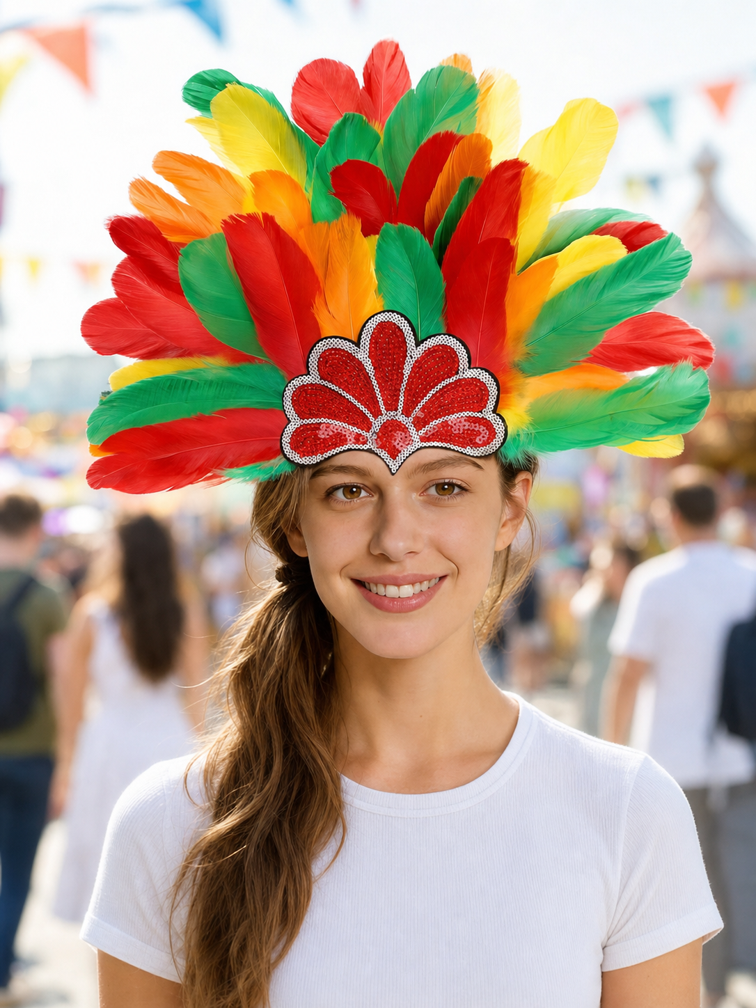 Carnival Headpiece with Multicolored Feathers lifestyle view 2