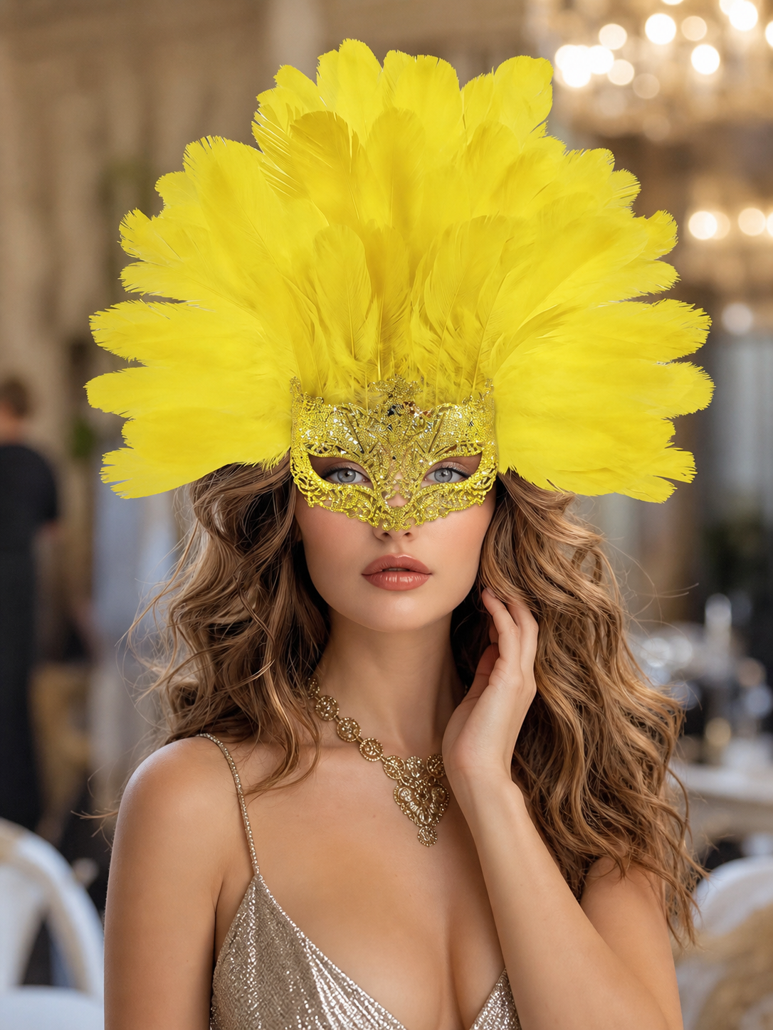 Carnival Mask with Yellow Feathers and Glitter