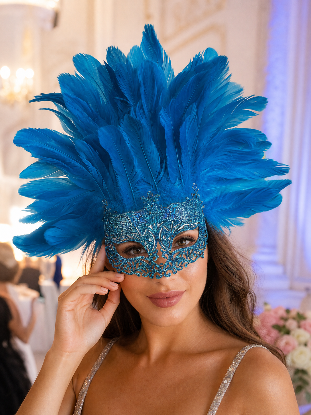 Carnival Eye Mask with Blue Feathers