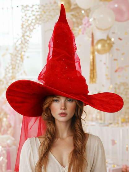 1pc Red Halloween Witch Hat with Very Tall Pointed Crown, Extra-Wide Floppy Brim and Sheer Glitter-Speckled Overlay for Cosplay Parties