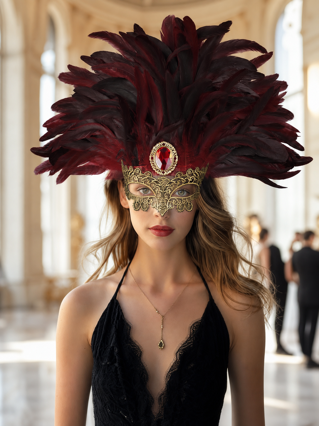 Burgundy and black feathered mask headpiece with gold filigree and red jewel, styled on a model in a black dress against white