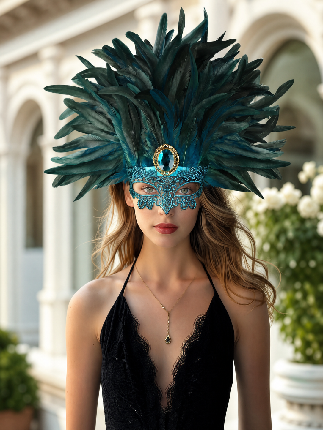 Carnival headpiece with feathers and a mask