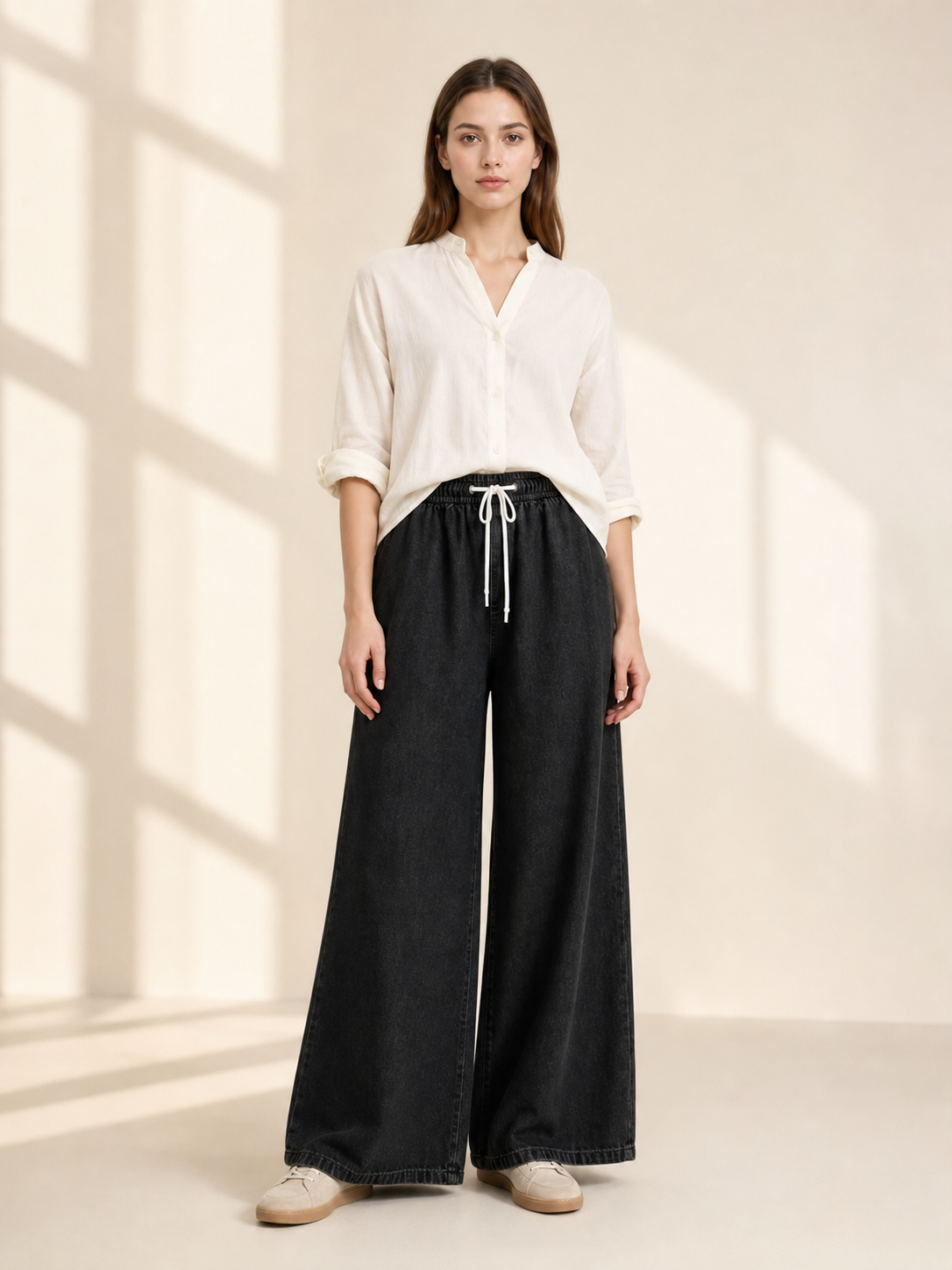 Wide Black Drawstring Pants with Pockets