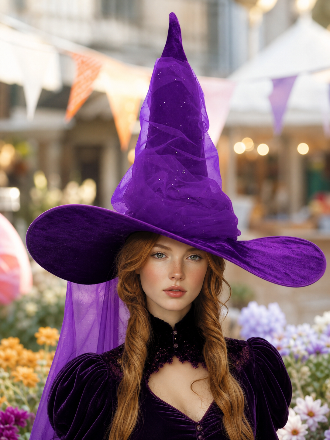 Purple Halloween Witch Hat for Women and Men, Tall Pointed Wide Floppy Brim with Layered Sheer Mesh Draping and Glitter-Like Specks for Cosplay Costume Party