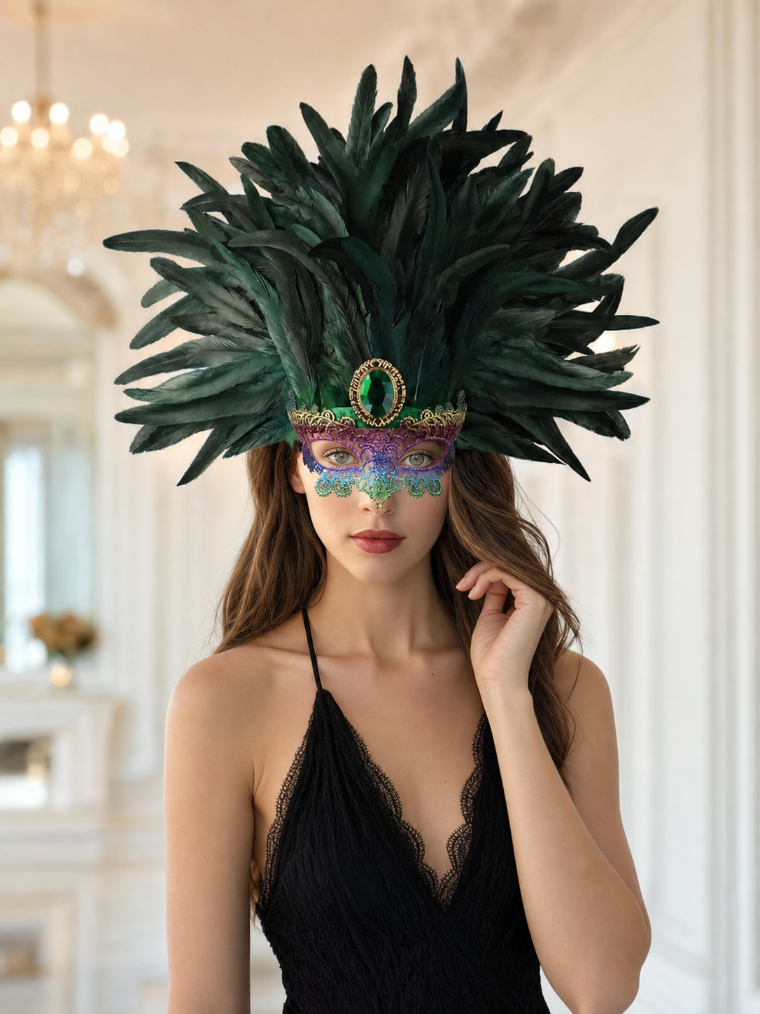Masquerade headdress with green feathers