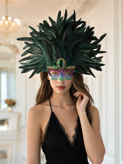 Masquerade headdress with green feathers