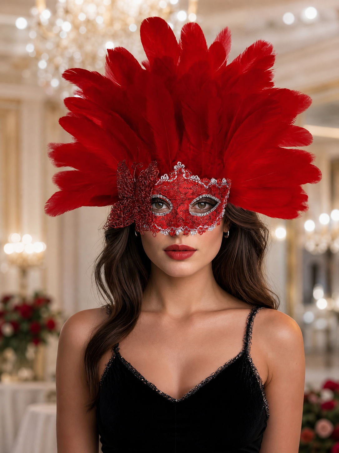 Red feather masquerade half mask product view 43