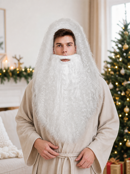 White curly wig and long beard worn by a model in a beige robe in a room with decorated trees
