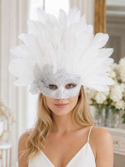 White feather silver masquerade mask product view 19
