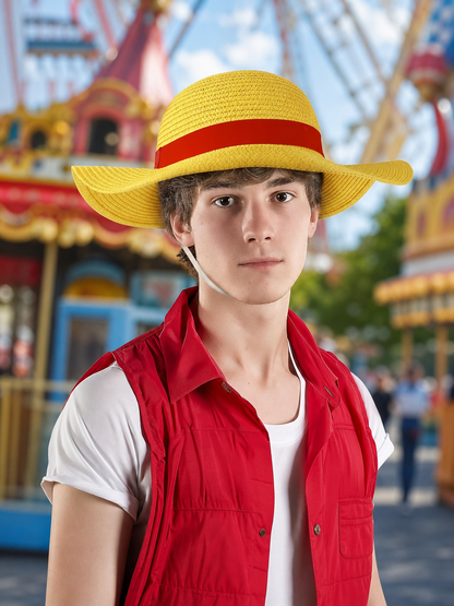 Carnival hat with a red ribbon and cord