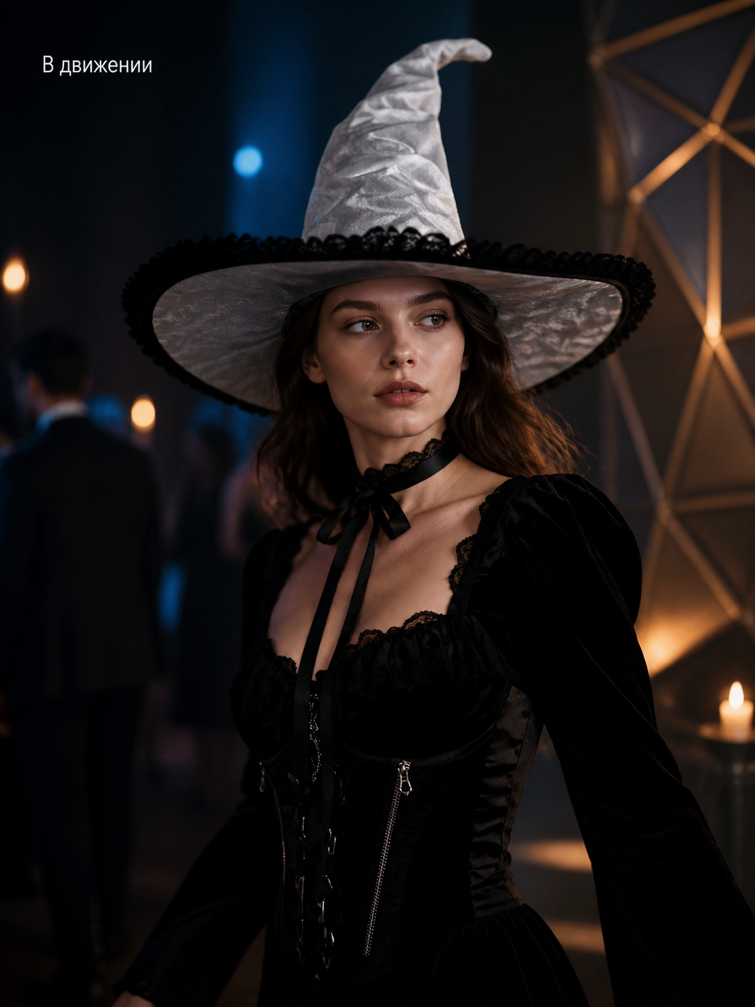 White and Black Witch Hat, Wide Brim Pointed Hat with Lace Trim and Curved lifestyle view 4