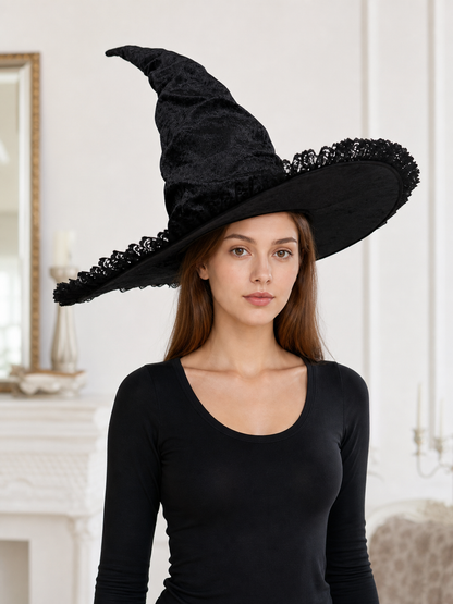 Black Halloween Witch Hat with Tall Crooked Pointed Crown, Wide Brim, Ruched Textured Velvet-Like Fabric and Lace Trim Gothic Costume Accessory for Cosplay Party Photo Shoot