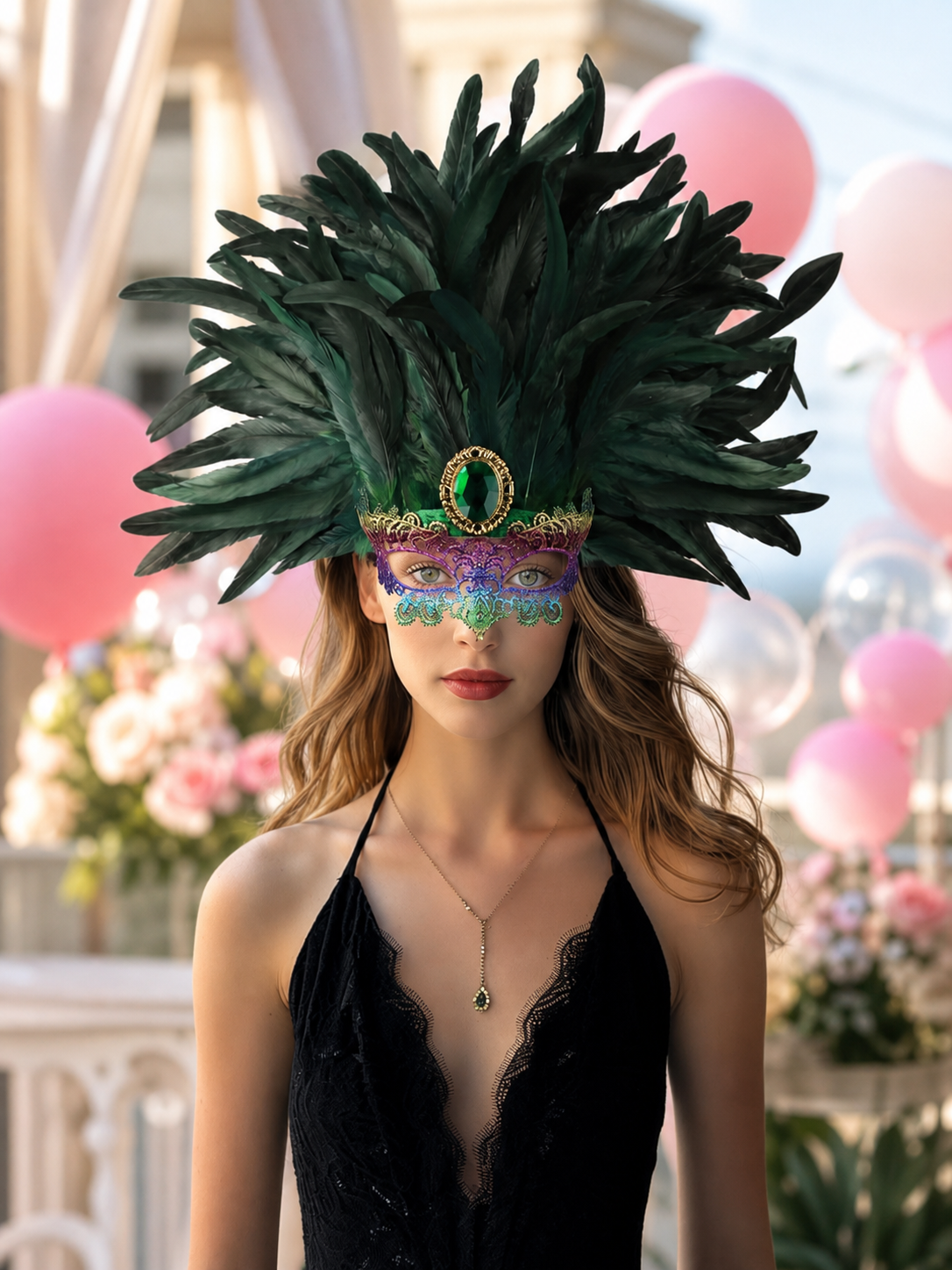 Masquerade headdress with green feathers