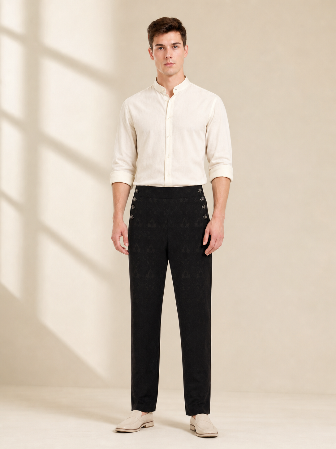 Straight-Cut Pants with Jacquard Pattern