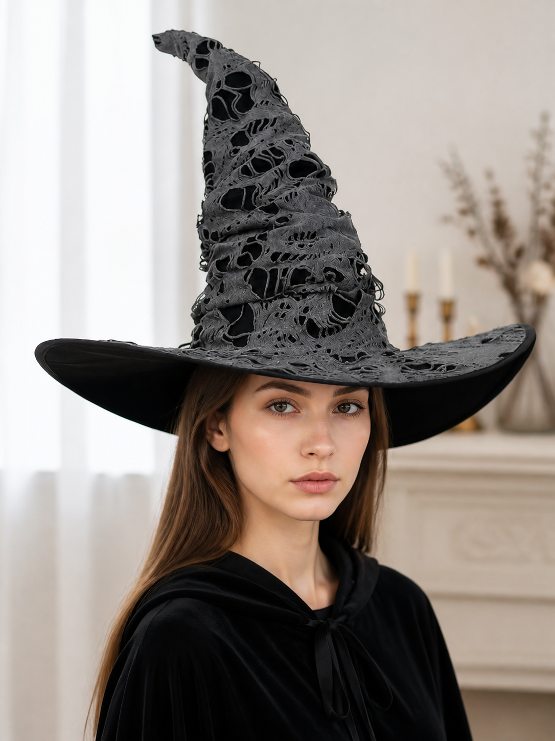 Gray Black Halloween Witch Hat For Women Wide Brim Curved Pointed Tattered Torn lifestyle view 3