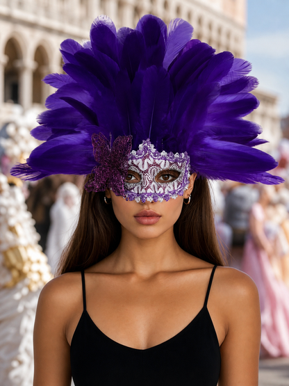 Carnival headdress with feathers and a mask