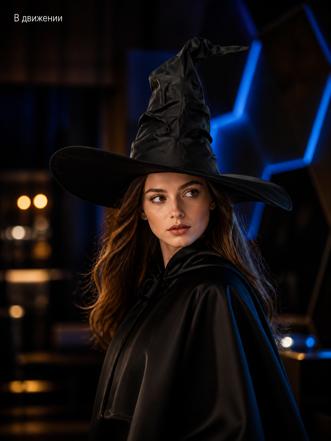 Black Halloween Witch Hat Wide Brim Pointed Wizard Hat Ruched Asymmetrical Brim lifestyle view 3