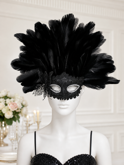 Carnival Mask with Black Feathers and Glitter