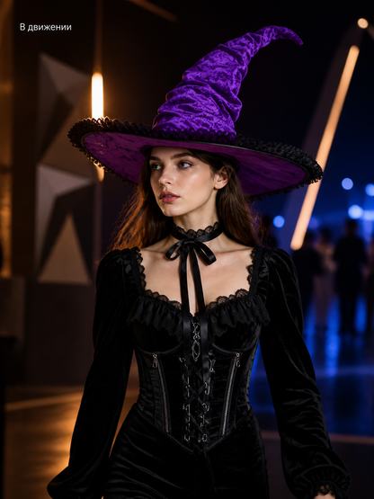 Purple black wide brim witch hat product view 30