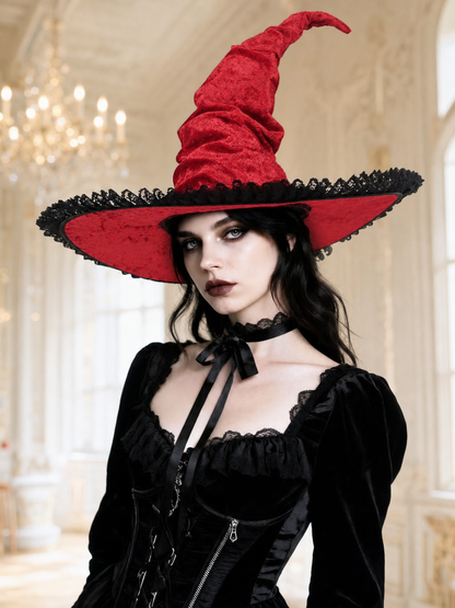 Red and Black Wide Brim Witch Hat, Tall Curved Pointed Top with Black Lace Trim