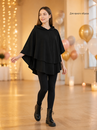 Women's Gothic Hooded Cape Cloak for Halloween Cosplay, Black Flowing Draped lifestyle view 3