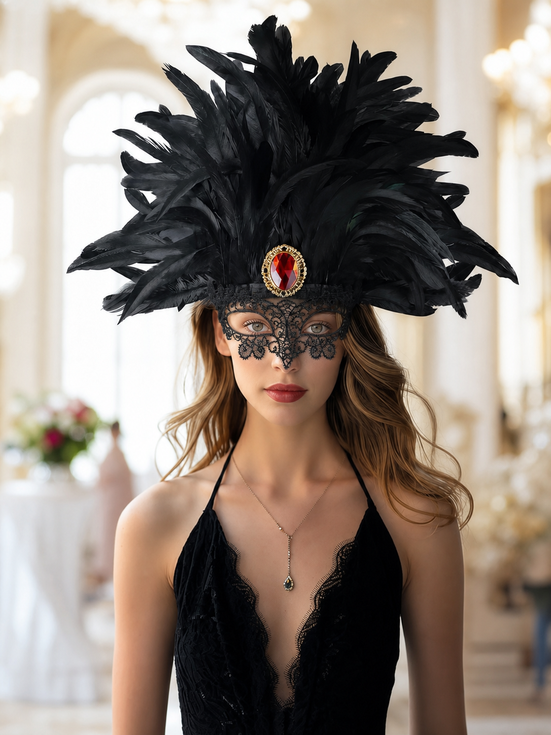 Carnival headpiece with black feathers