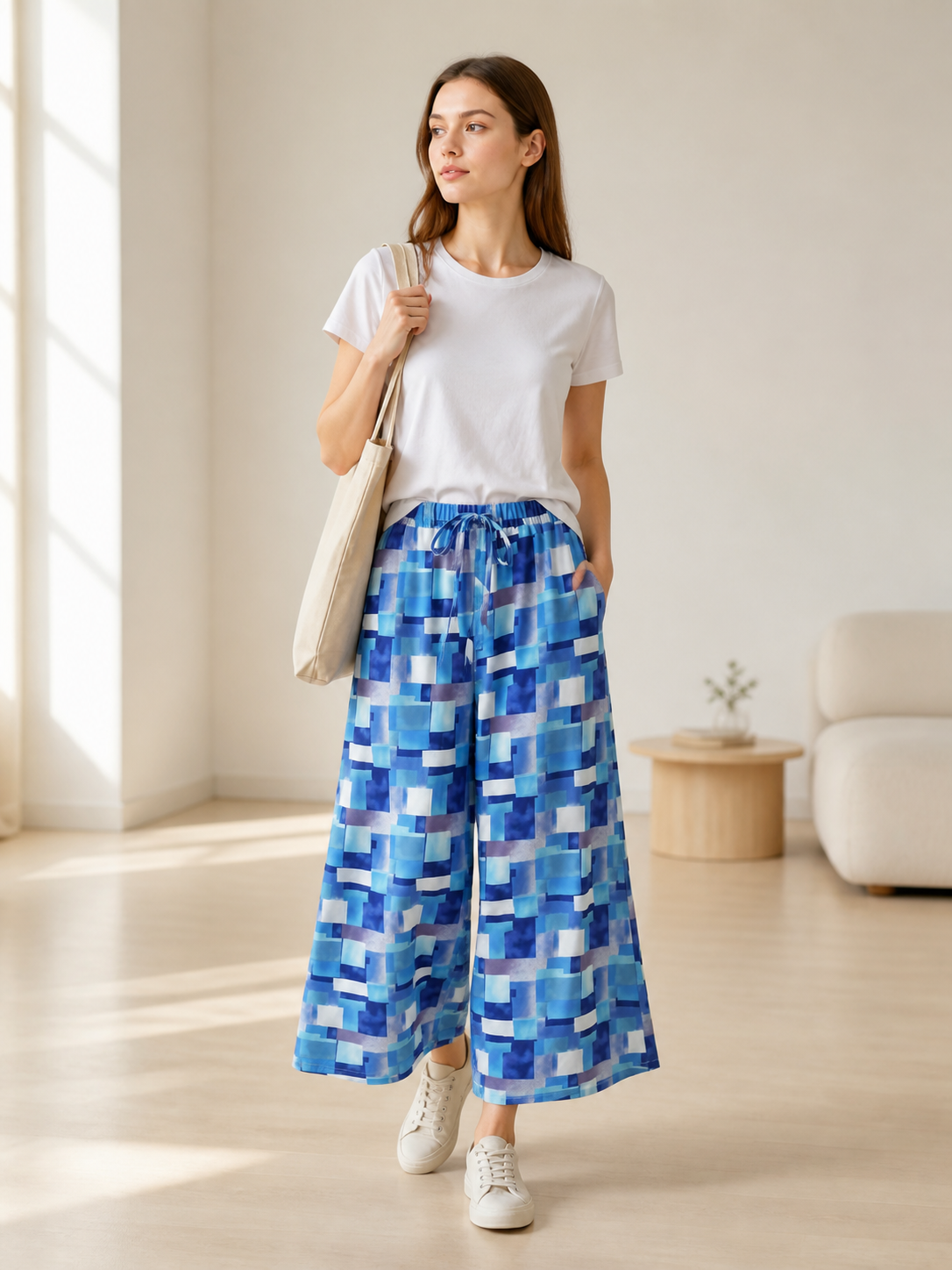 Blue and White Palazzo Pants with Geometric Print lifestyle view 2